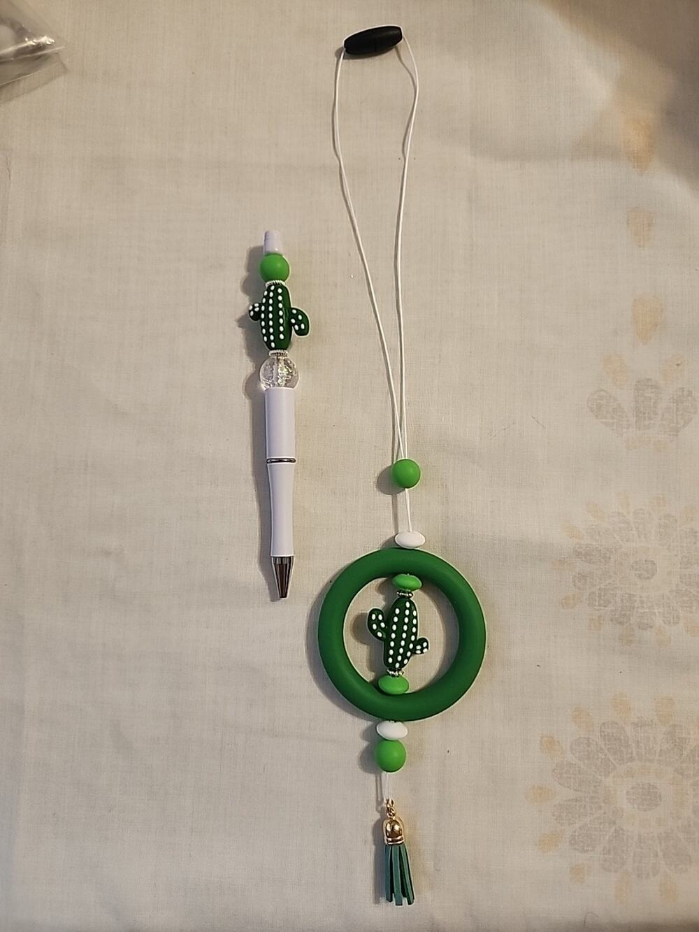 Car Charm For Rear View & Bed Pen Combo Dark Green Cactus White Tassel